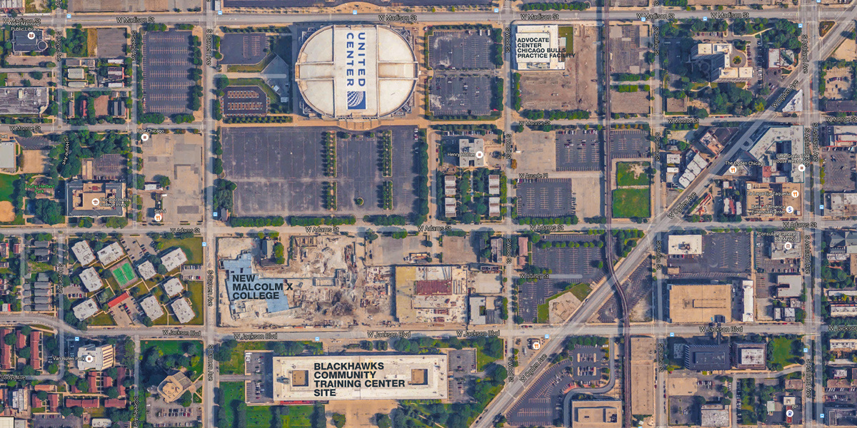 An aerial photo of the Blackhawks Community Training Center site.